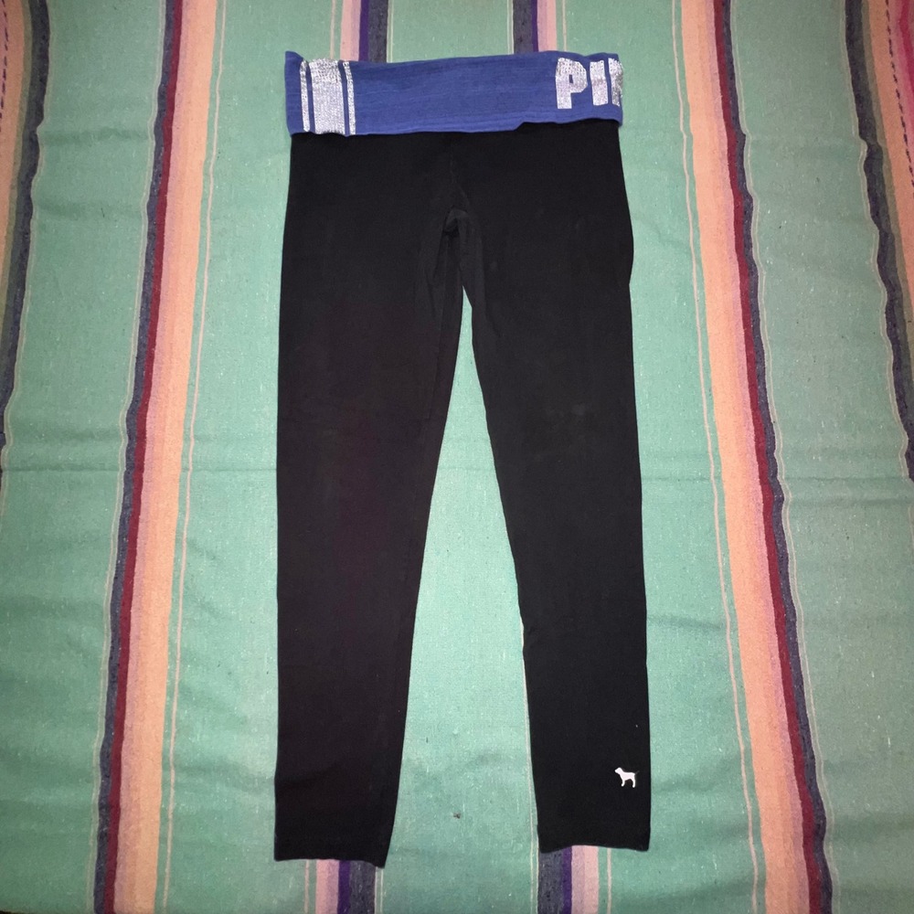 PINK Victoria's Secret Yoga Leggings Womens L Black Blue Rhinestone Foldover